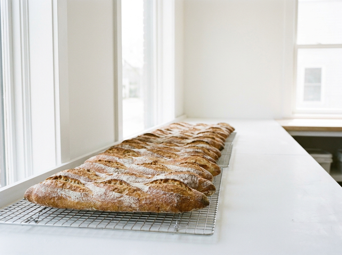 Filoni di pane allineati su una griglia di raffreddamento