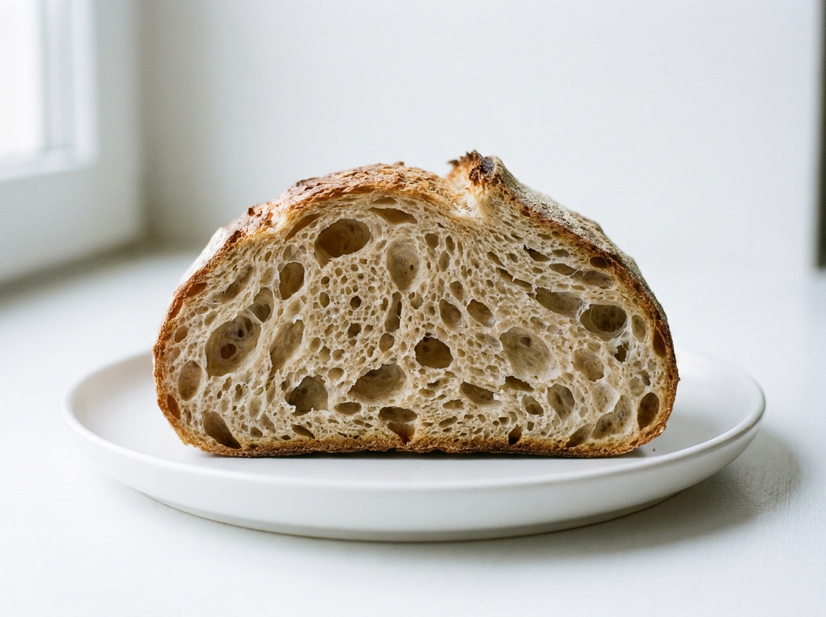 Fetta di pane con mollica alveolata su un piatto bianco