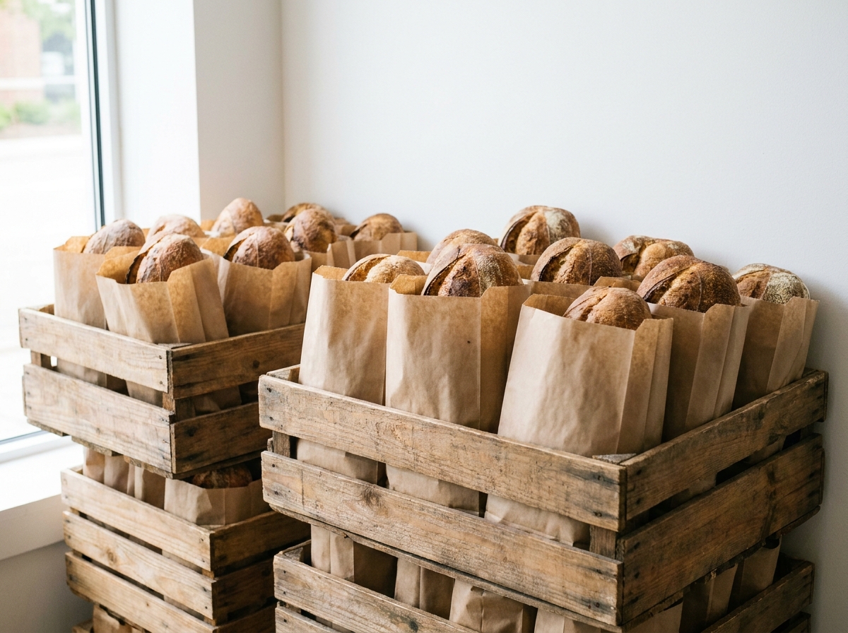 Sacchetti di pane pronti per la consegna appoggiati su una cassetta